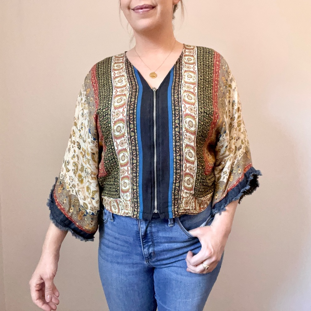 Zara Boho Scarf Print Fringe Kimono Sleeve Zip Blouse XS - Picture 9 of 13